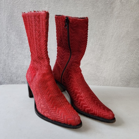 Rocco P Boots Womens 6.5 Red Leather Fur Block Heel Zig Zag Italy Vintage EU 37 - Picture 2 of 15